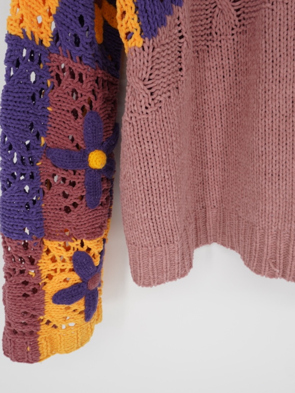 Pol Chenille Pink And Brown Floral Contrast Color Block Crochet OverSized M - Picture 6 of 14